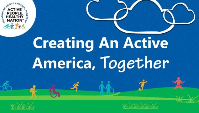 "Creating an Active America, Together" text with design of different people running on the grass.