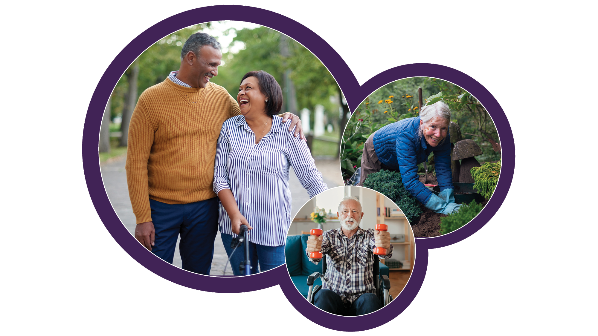 Man and woman walking, woman gardening, and man in wheelchair lifting hand weights