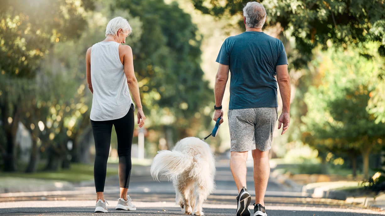 Man and woman walking with their dog as a form of physical activity