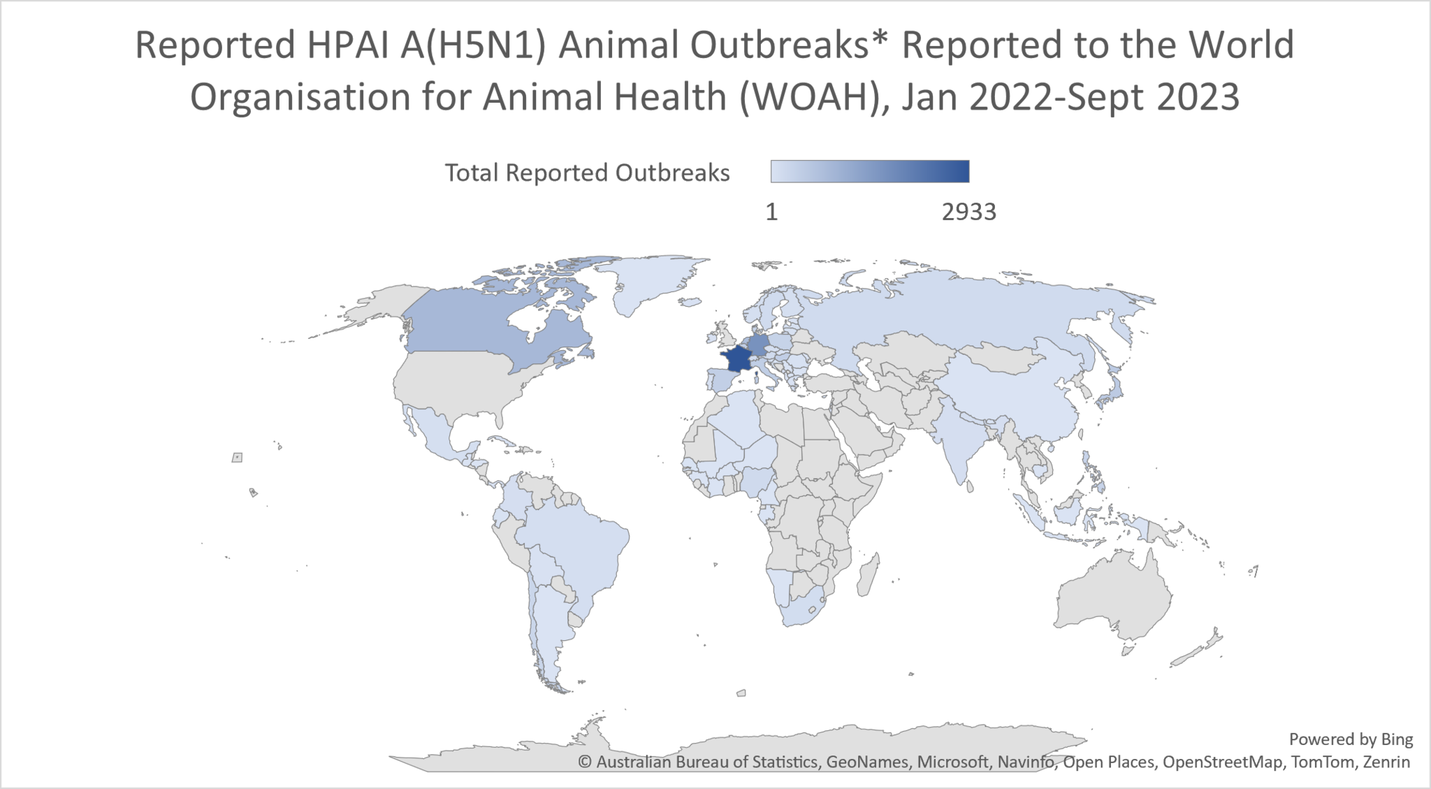 Reported HPAI A(H5N1) Bird Outbreaks* Reported to the World Organisation for Animal Health (WOAH), Jan 2022-December 2023