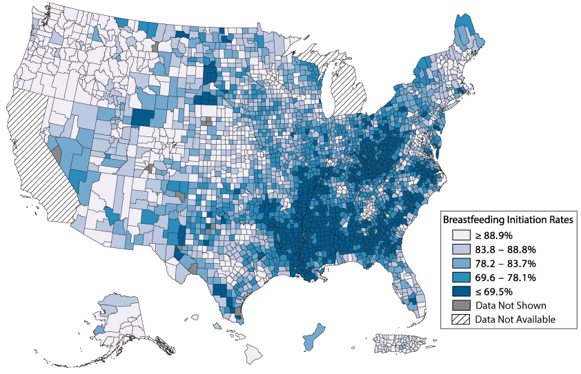 Map of the United States illustrating breastfeeding initiation rates by counties