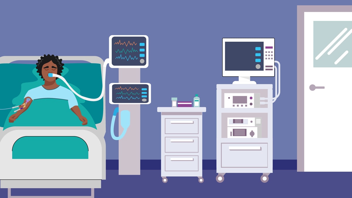 Illustration of hospitalized patient on a ventilator and central line in an ICU setting.