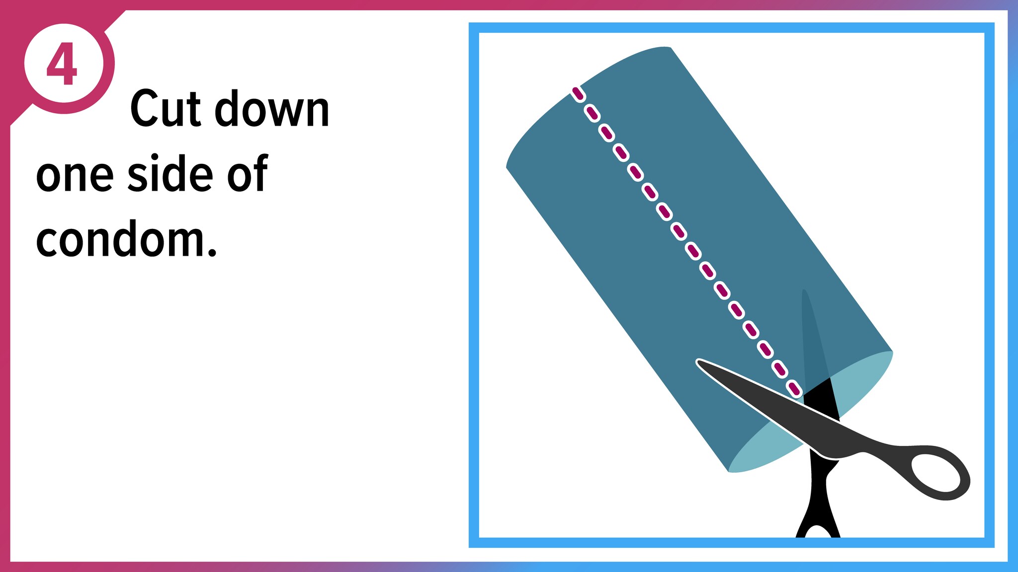 Scissors cutting condom lengthwise. Cut down one side of condom.