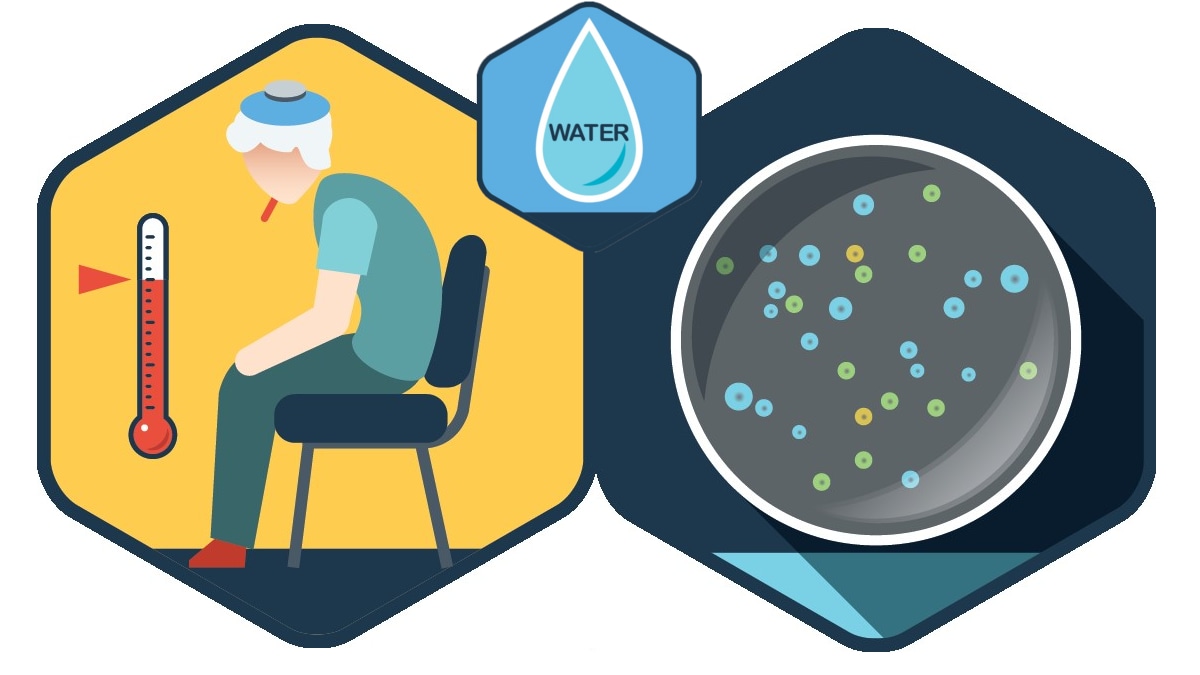 Illustrations of an ill patient and bacteria growing on a plate.