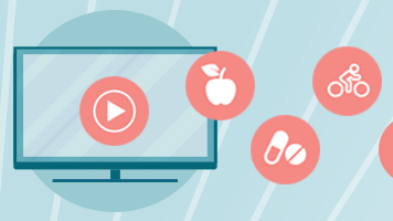 Illustration of a computer or TV screen with apple, medicine, and bike rider icons in circles