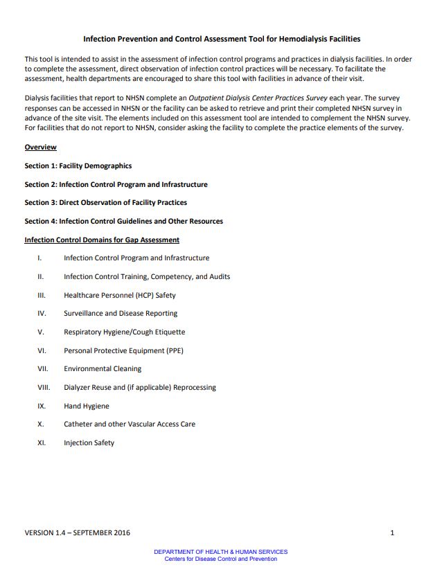 Infection Prevention and Control Assessment Tool for Hemodialysis Facilities