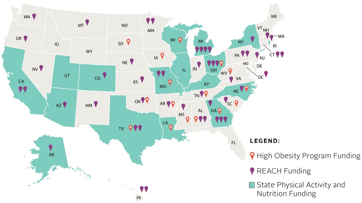 US map showing where programs are located that receive SPAN, HOP, and REACH funding.