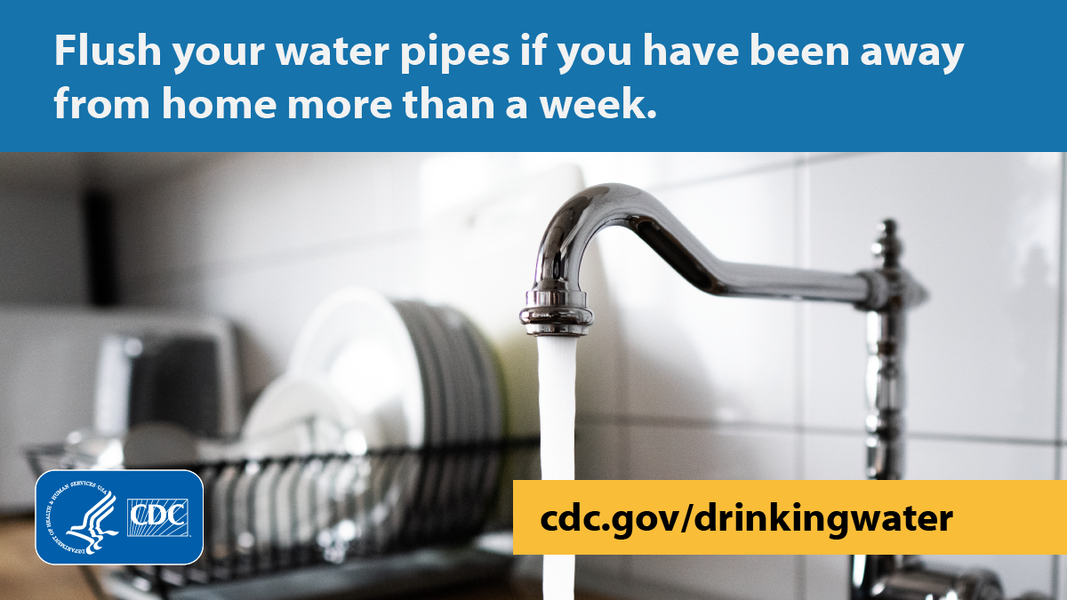 Running faucet in kitchen. Text overlay says, "Flush your water pipes if you have been away from home more than a week."