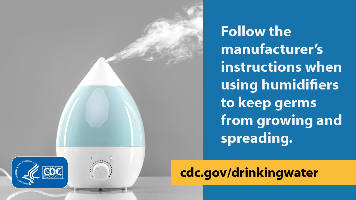 Small humidifier releasing mist. Text overlay says, "Follow the manufacturer's instructions when using humidifiers to keep germs from growing and spreading."