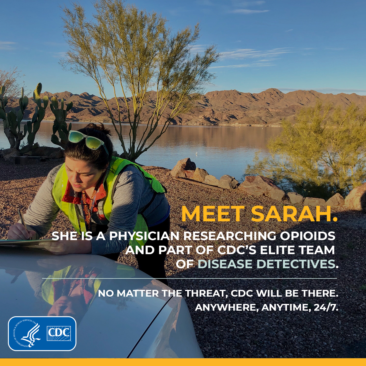 eis-graphic-sarah-scott Meet Sarah. She is a physiician researching opioids and part of CDC's elite team of disease detectives.