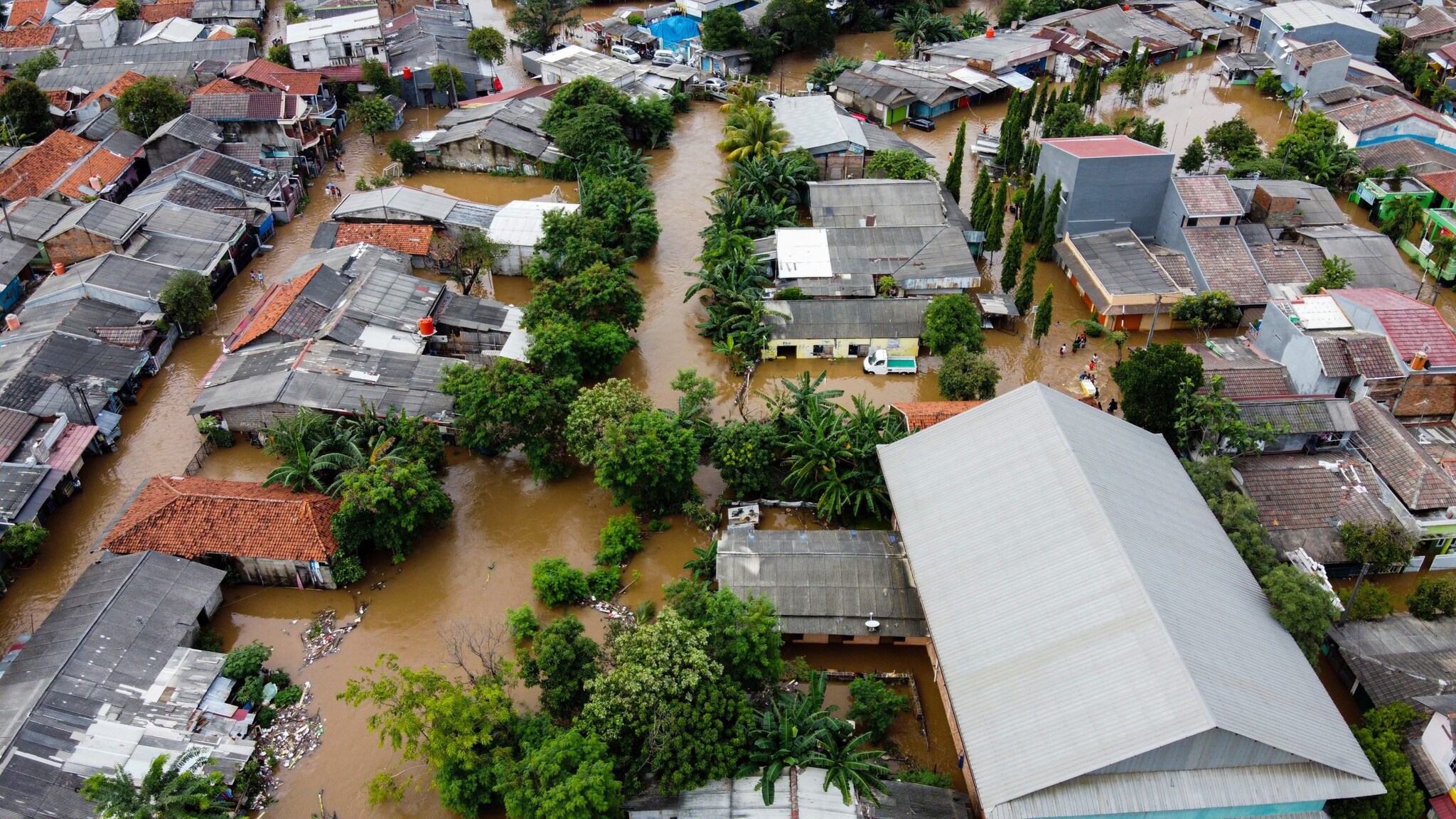 Aerial view of flooded neighborhood