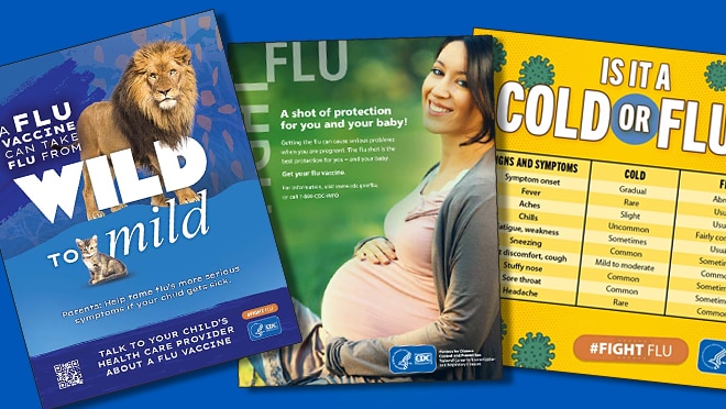 CDC flu communication resources. Left to right: Wild to Mild, poster for pregnant people, and cold vs. flu flyer.