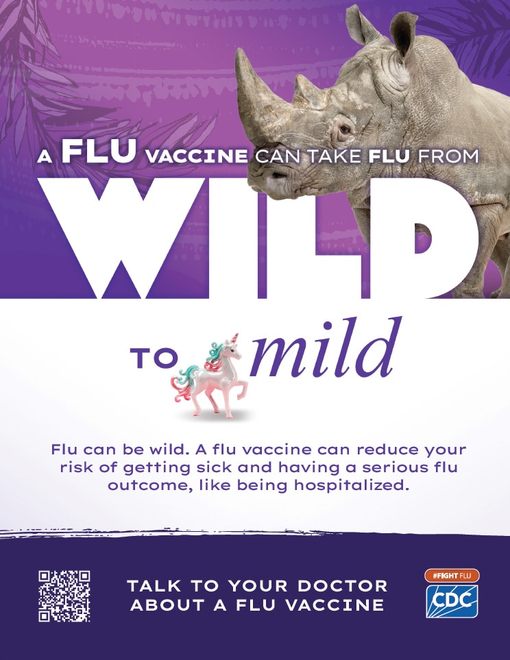 A flu vaccine can take flu from wild to mild. Flu can be wild. A flu vaccine can reduce your risk of getting sick and having a serious flu outcome, like being hospitalized. Talk to your doctor about a flu vaccine. #fightflu cdc logo