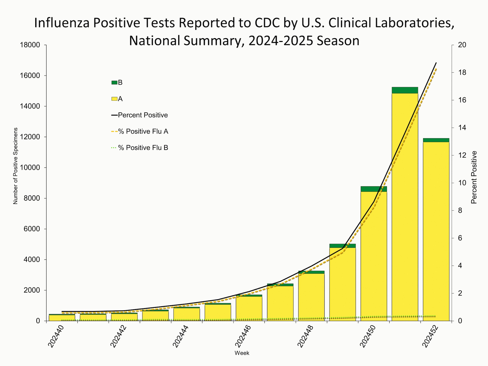 Influenza Positive Tests Reported to CDC by Clinical Laboratories, National Summary, 2024-25 Season, week ending Dec. 28, 2024