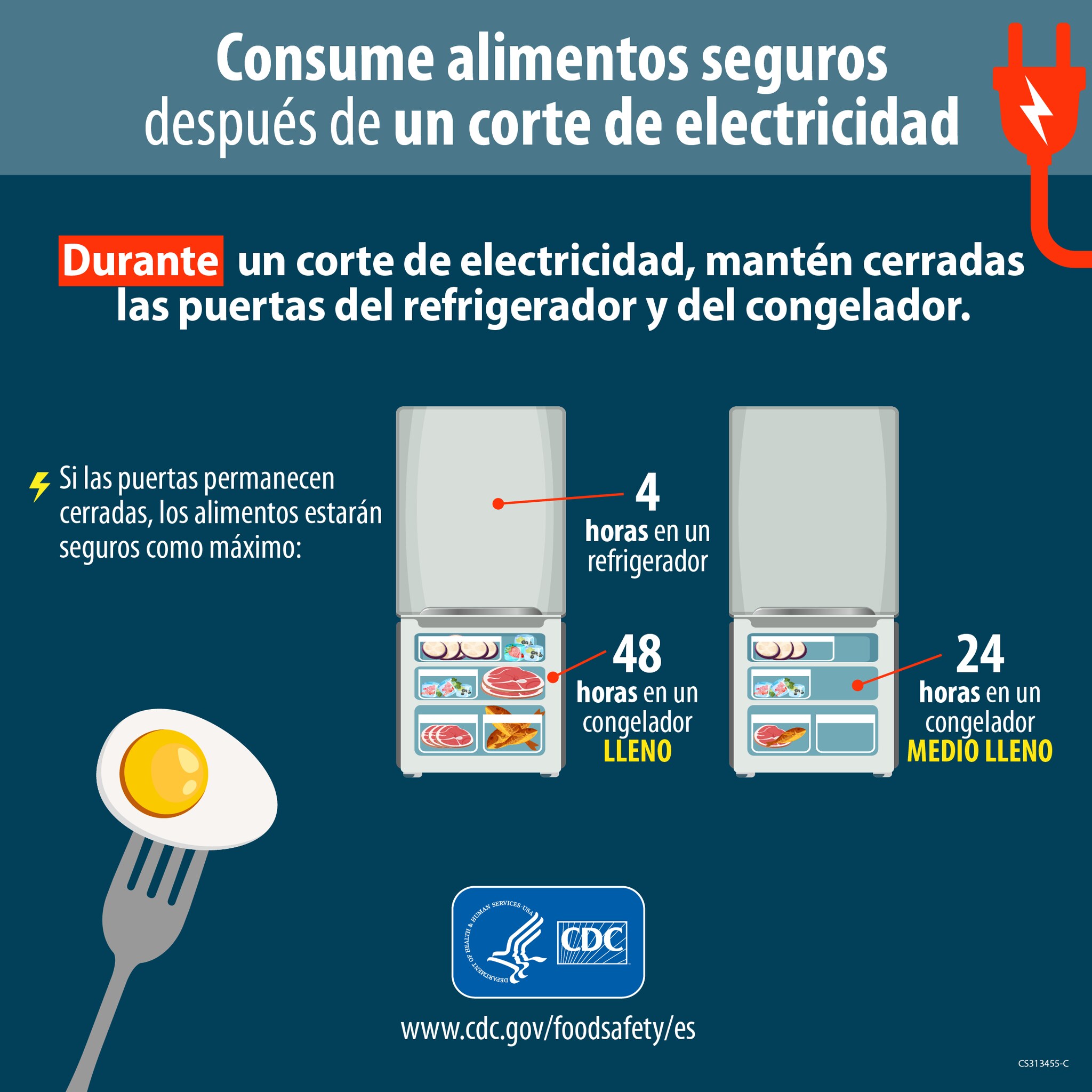 Imagen de refrigerador y congelador con texto cerca del refrigerador que dice "4 horas" y texto cerca del congelador que dice "48 horas en un congelador lleno y 24 horas en un congelador medio lleno.