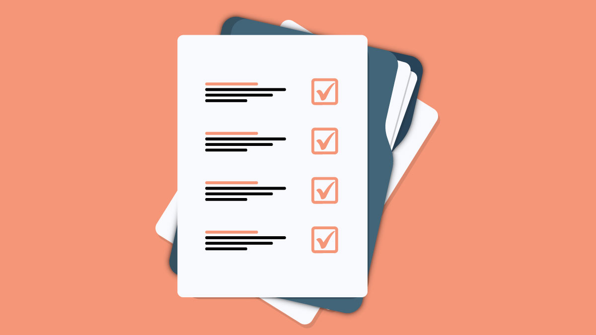 — title missing — Icon of a checklist and a file of papers against a peach colored background.