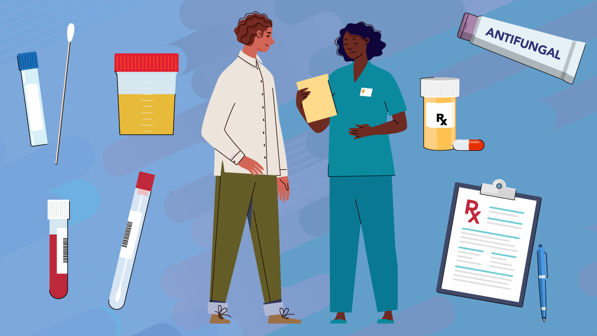 A doctor and patient are talking with assorted medical testing materials on the left and antifungals on the  right.