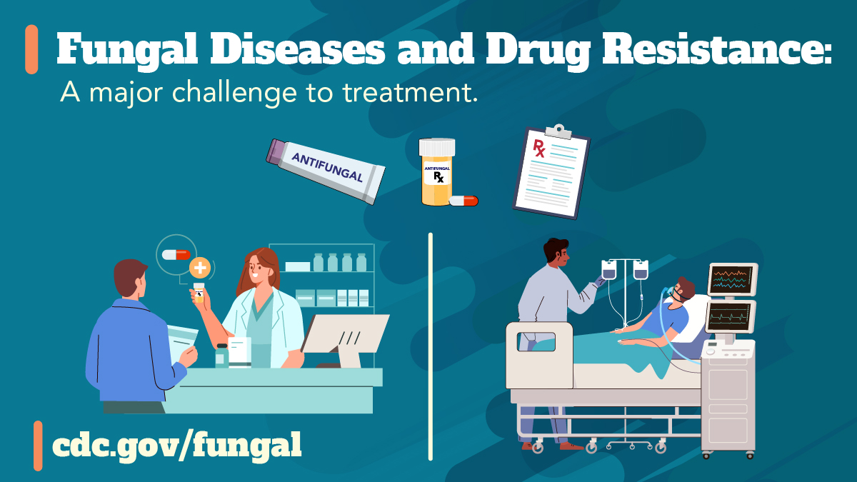 The top of the image shows an anti-fungal cream, a prescription medication and a prescription. The lower half of the image shows a patient picking up his prescription medication at the pharmacy and a sick patient in a hospital bed.