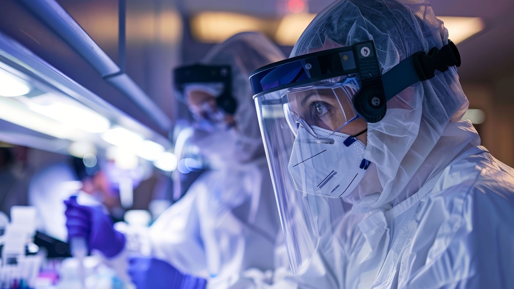 Epidemiologists working in a lab in heavy PPE