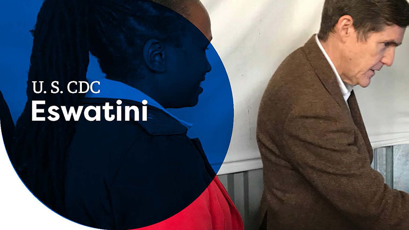 Two people participating in an indoor task, labeled "U.S. CDC Eswatini."
