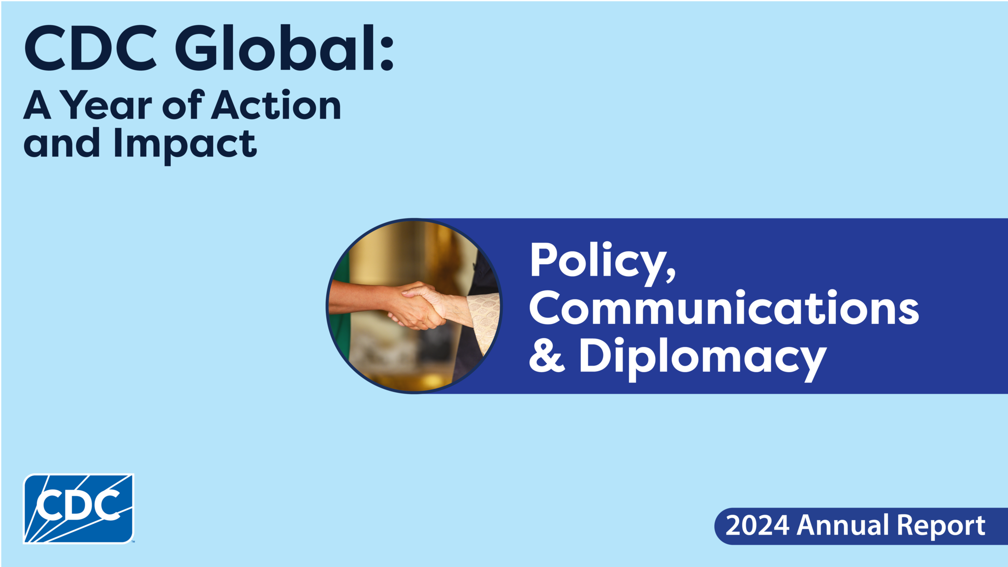 Graphic image featuring a light blue background and circular image of two hands shaking. In the top left corner is the report title, 'CDC Global: A Year of Action and Impact.' The main title in the center of the image reads 'Policy, Communications & Diplomacy.' The CDC logo appears in the bottom left corner.