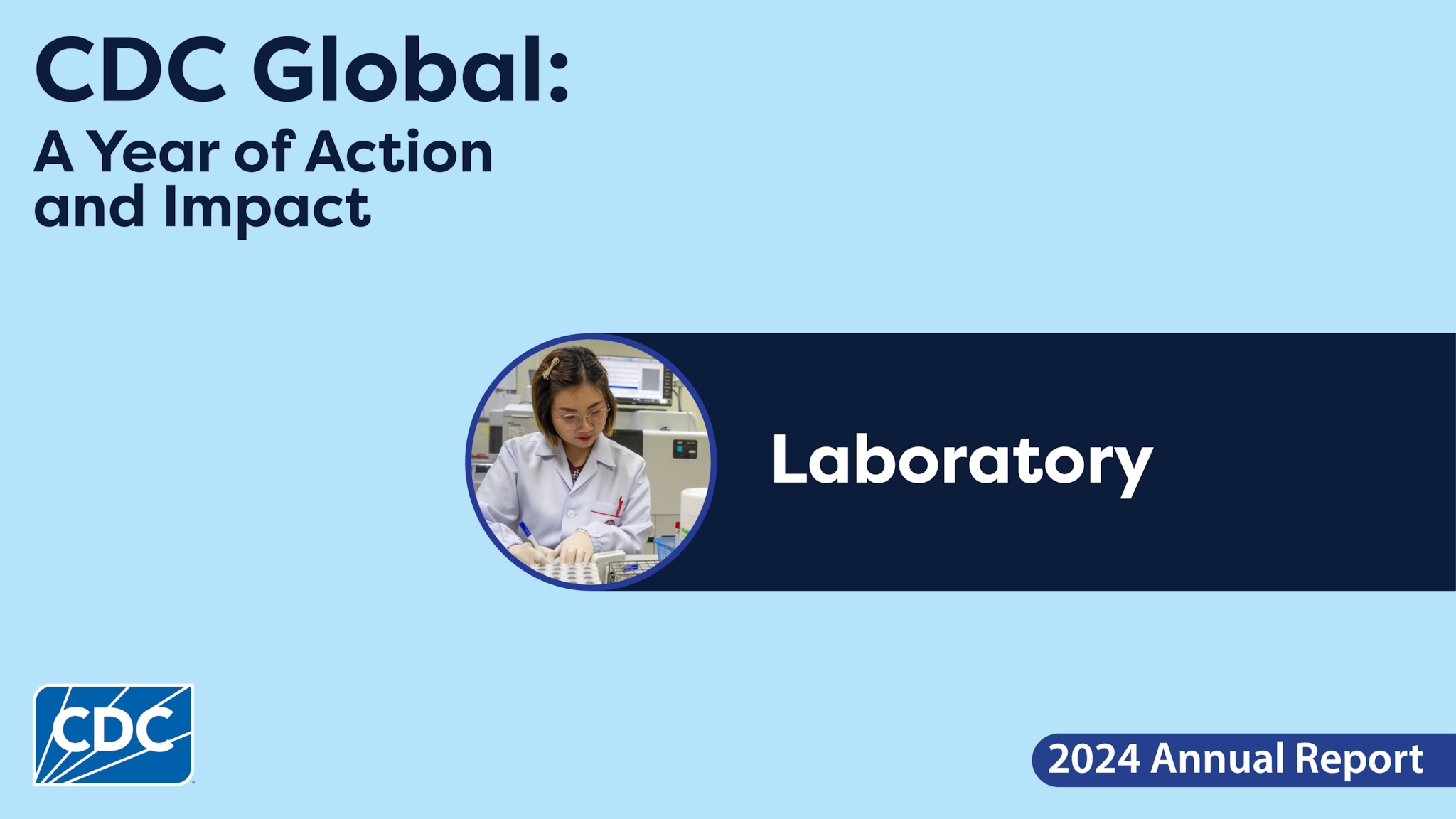 Graphic image featuring a light blue background and circular image of a woman working in a lab. In the top left corner is the report title, 'CDC Global: A Year of Action and Impact.' The main title in the center of the image reads 'Laboratory.' The CDC logo appears in the bottom left corner.