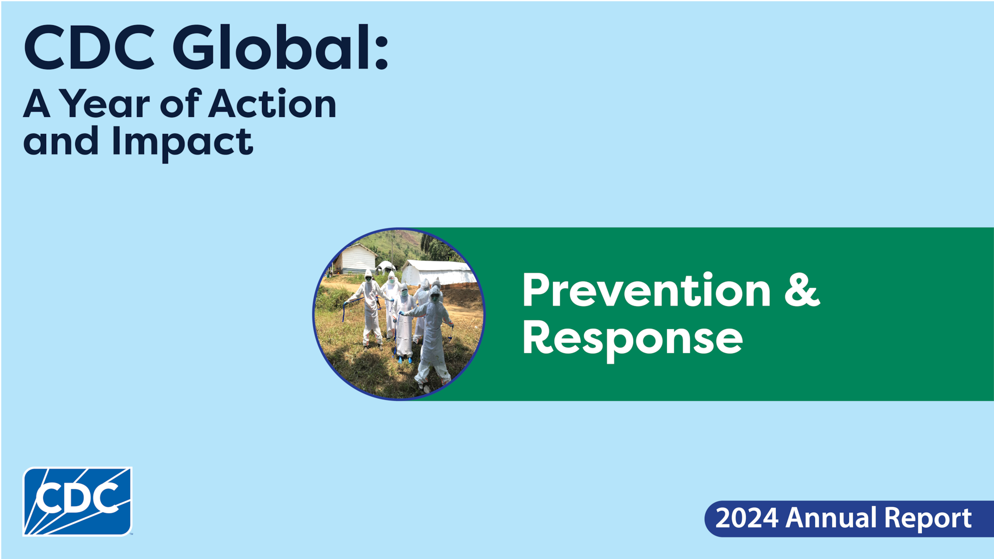 Graphic image featuring a light blue background and circular image of individuals in white suits in the field. In the top left corner is the report title, 'CDC Global: A Year of Action and Impact.' The main title in the center of the image reads 'Prevention & Response.' The CDC logo appears in the bottom left corner.