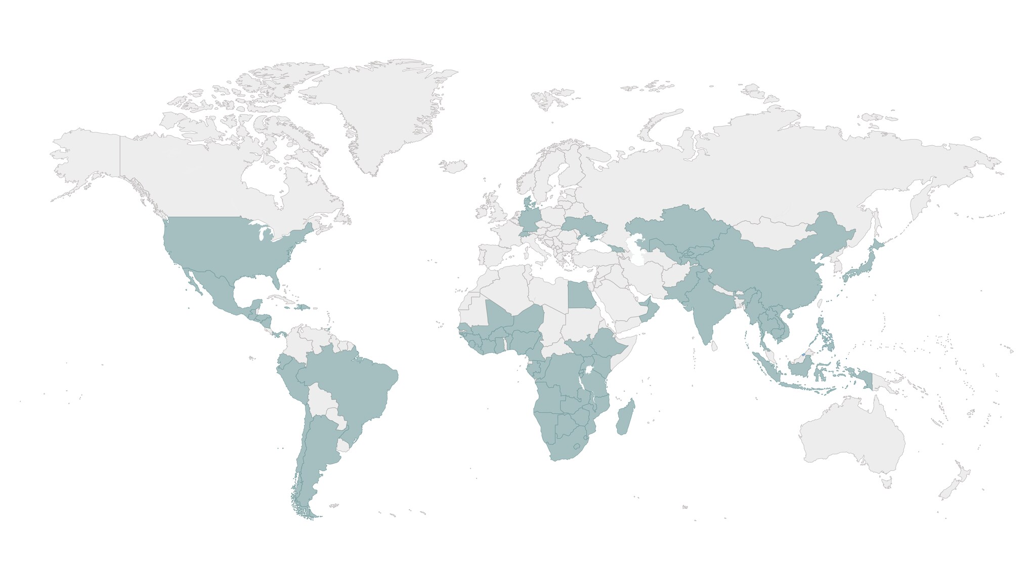 An image depicting a world map with several areas shaded in green, representing the countries and regions that CDC has a presence or placement in