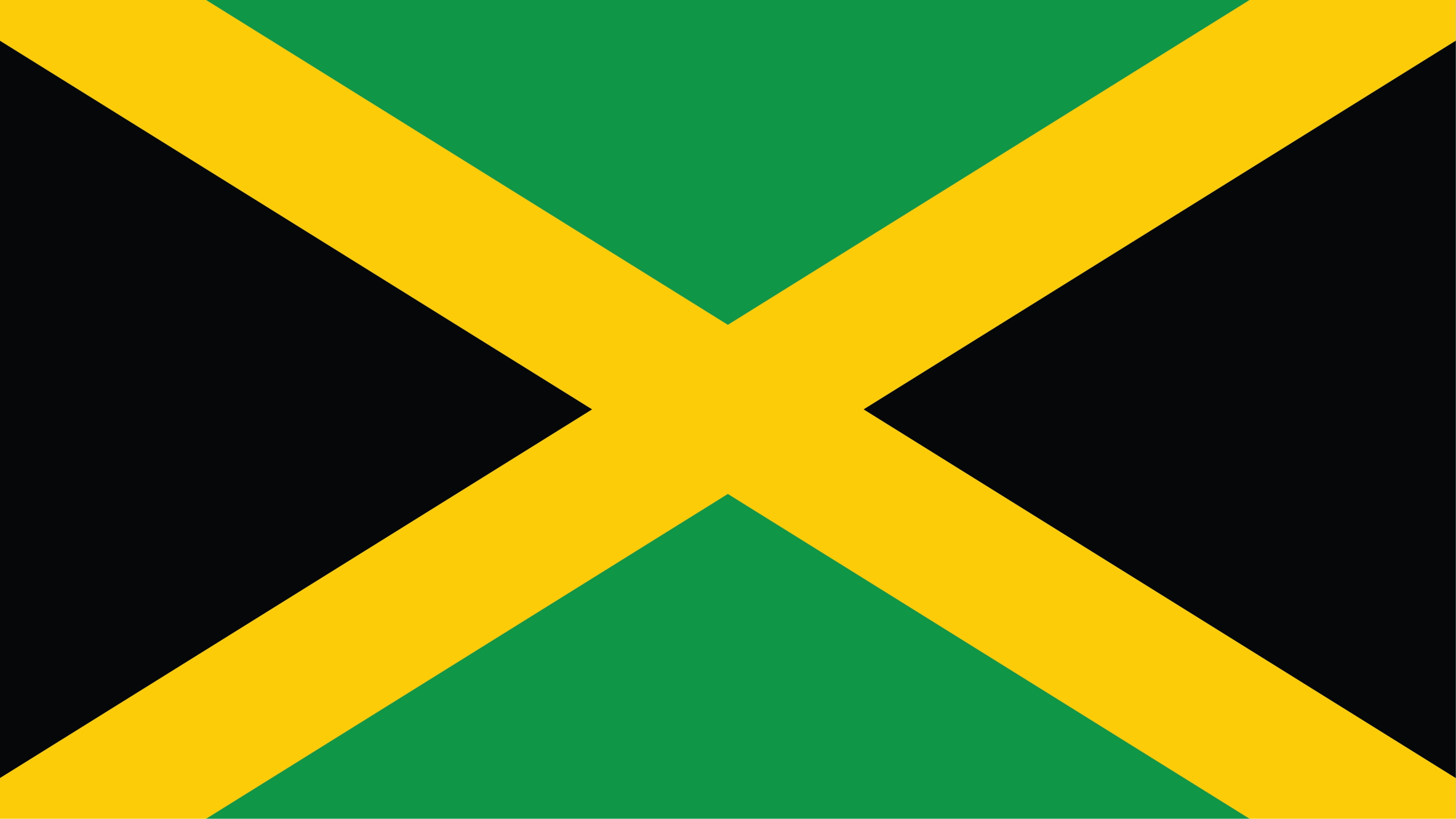 The Jamaican flag showing a yellow X that expands to each of the corners of the flag. There is solid green filling in the area above and below the X. Solid black is filled in the space on the left and right of the X.