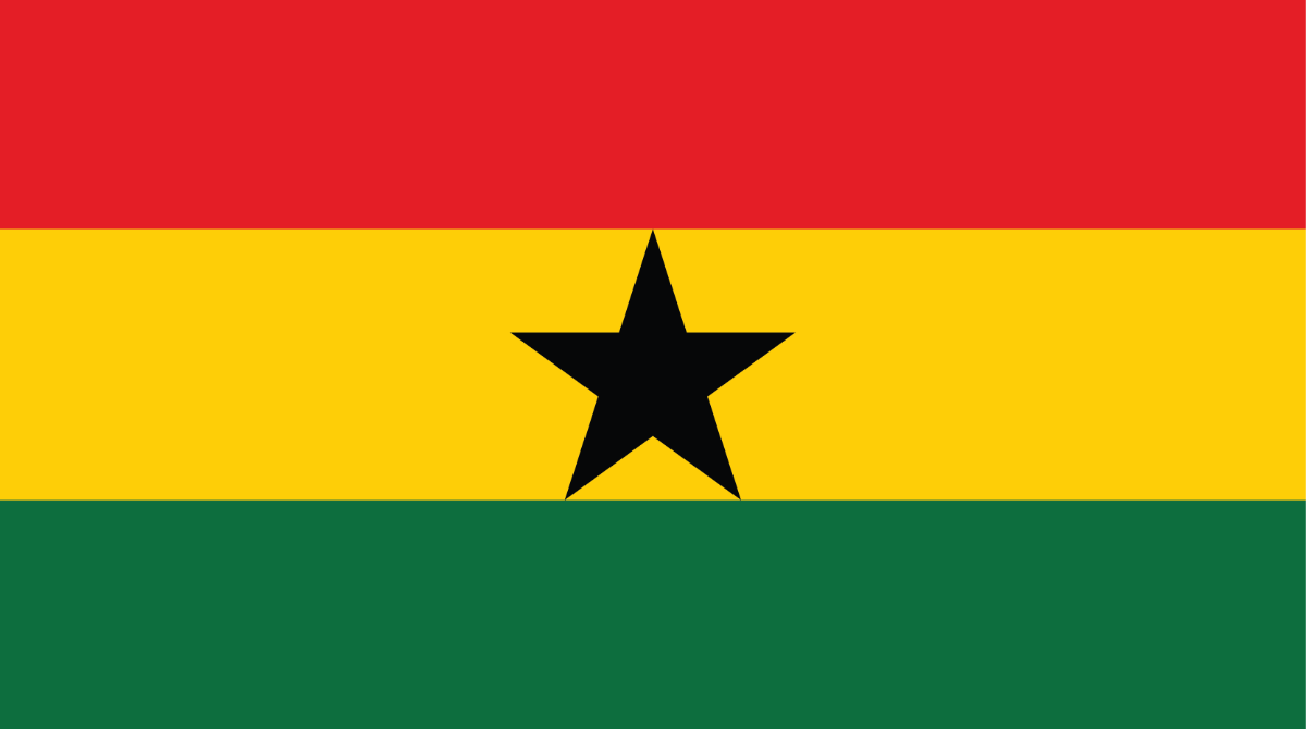 Ghana's country flag represented by 3 horizontal stripes in the colors of red, yellow, and green stripes. A single black star sits in the middle of the yellow stripe.