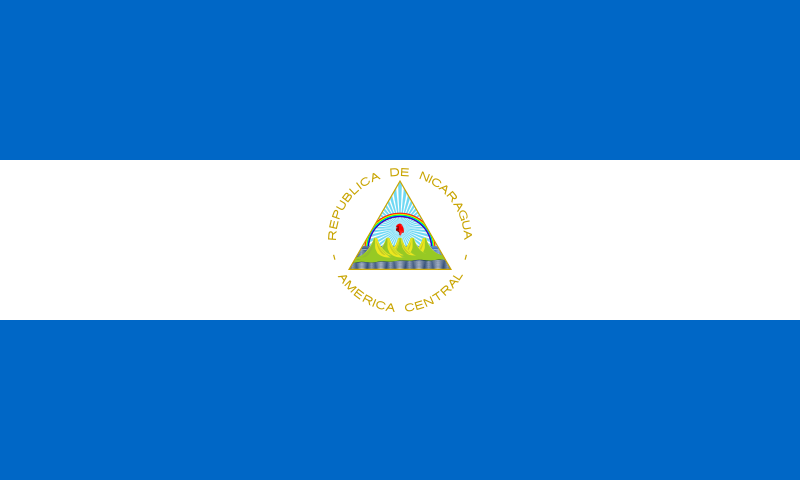 The flag of Nicaragua has a blue strip on top, a white strip in the middle with a pyramid, and a blue flag on the bottom.