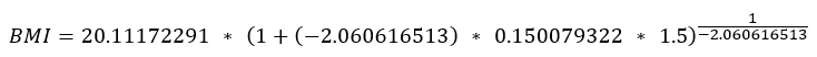 BMI equals 20.111 times quantity 1 plus product of -2.060 times 0.150 times 1.5 to power of quotient 1 divided by -2.0606165