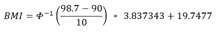 BMI equals inverse CDF of stand norm distribute of quotient of 98.7 minus 90 divide by 10 multiply by 3.837343 plus 19.7477