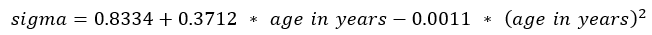 Sigma equals 0.8334 plus product of 0.3712 times age in years minus the product of 0.0011 times the age in years squared.