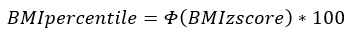 BMI percentile is equal to the CDF of the BMI z-score multiplied by 100.