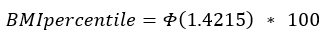 BMI percentile equals the cumulative distribution function (CDF) of the standard normal distribution of 1.4215 times 100.