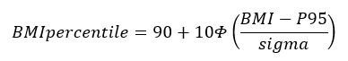 BMI percentile equals 90 plus 10 times the cumulative distribution function (CDF) of the standard normal distribution