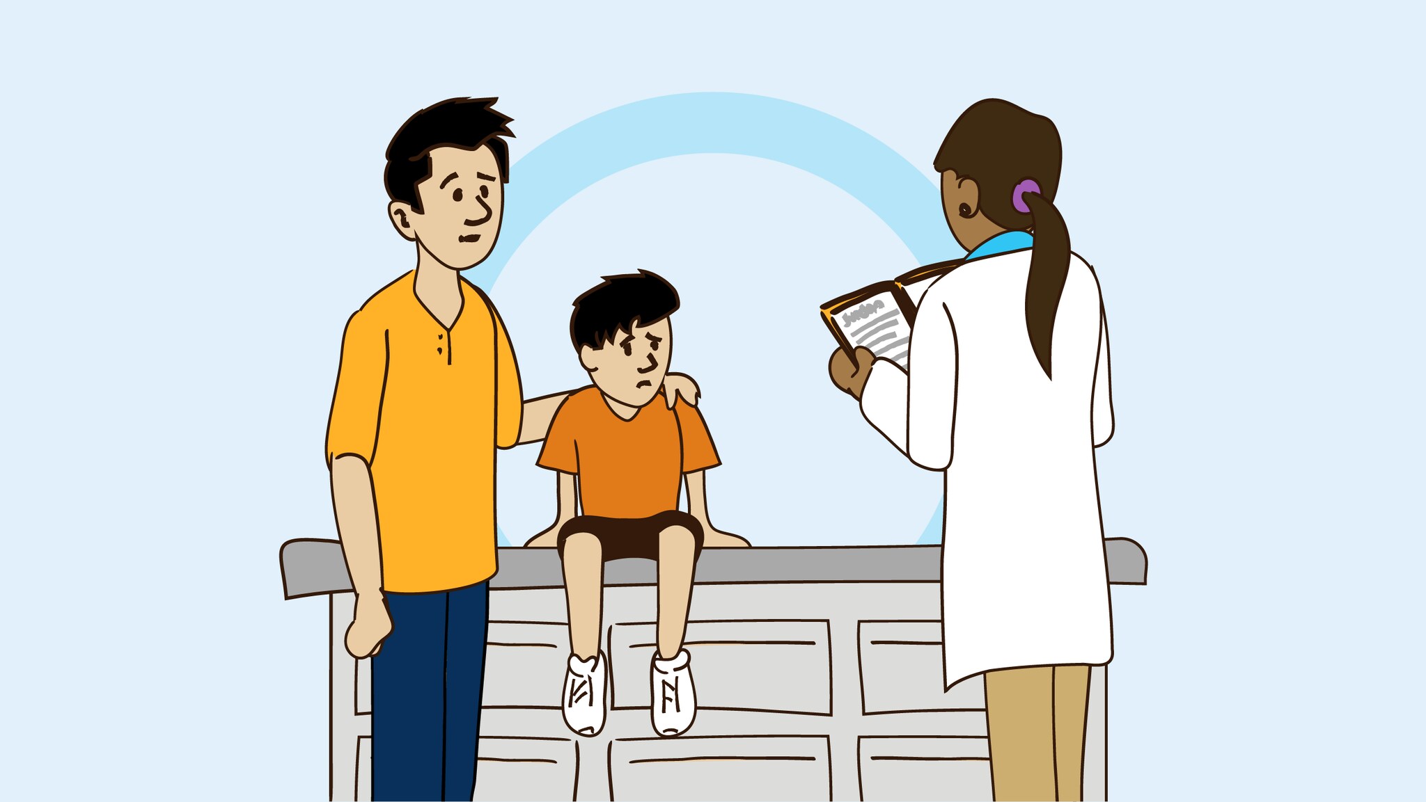 Animated boy and dad with a doctor