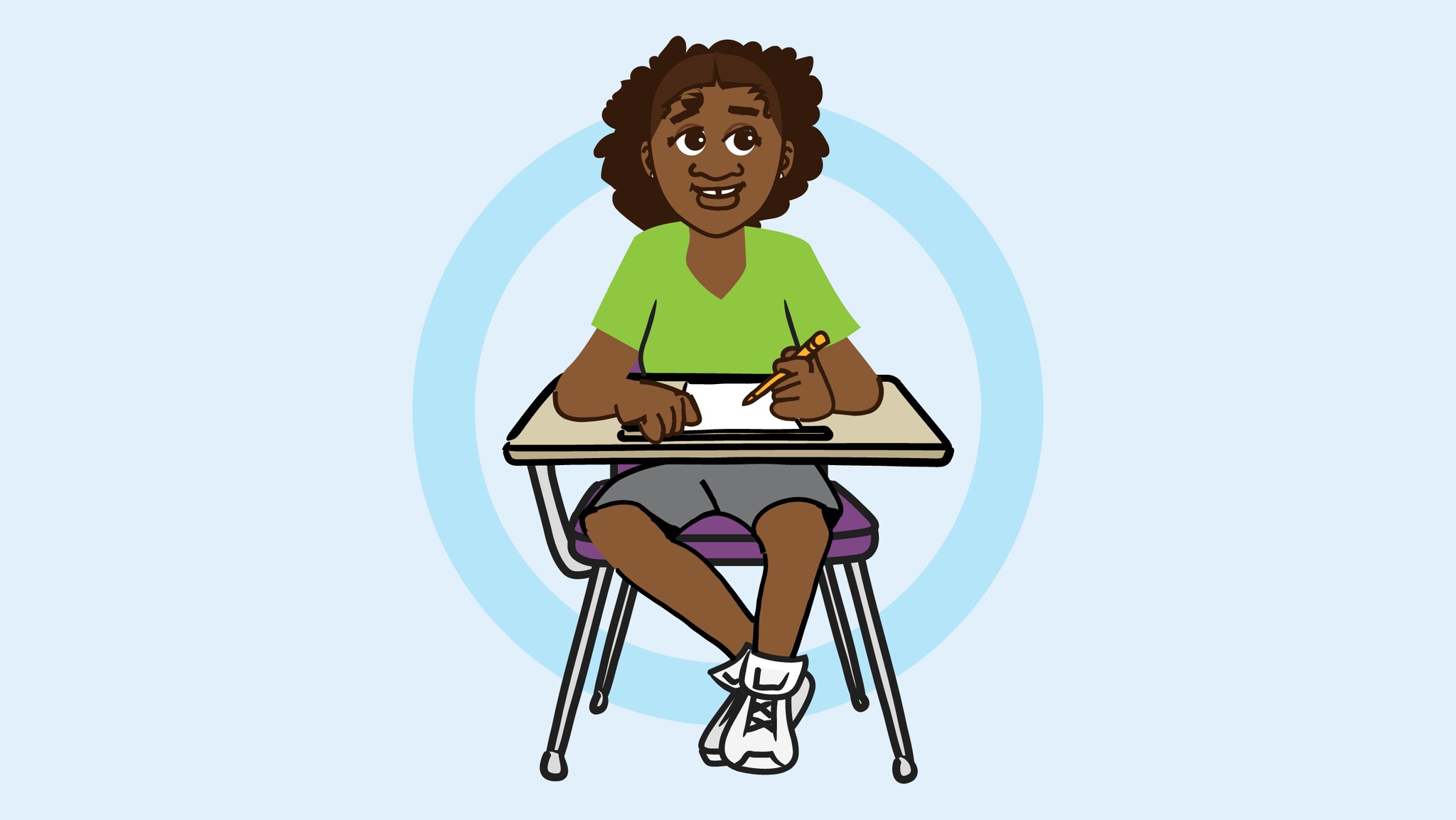 Animated young Black girl sitting at a school desk