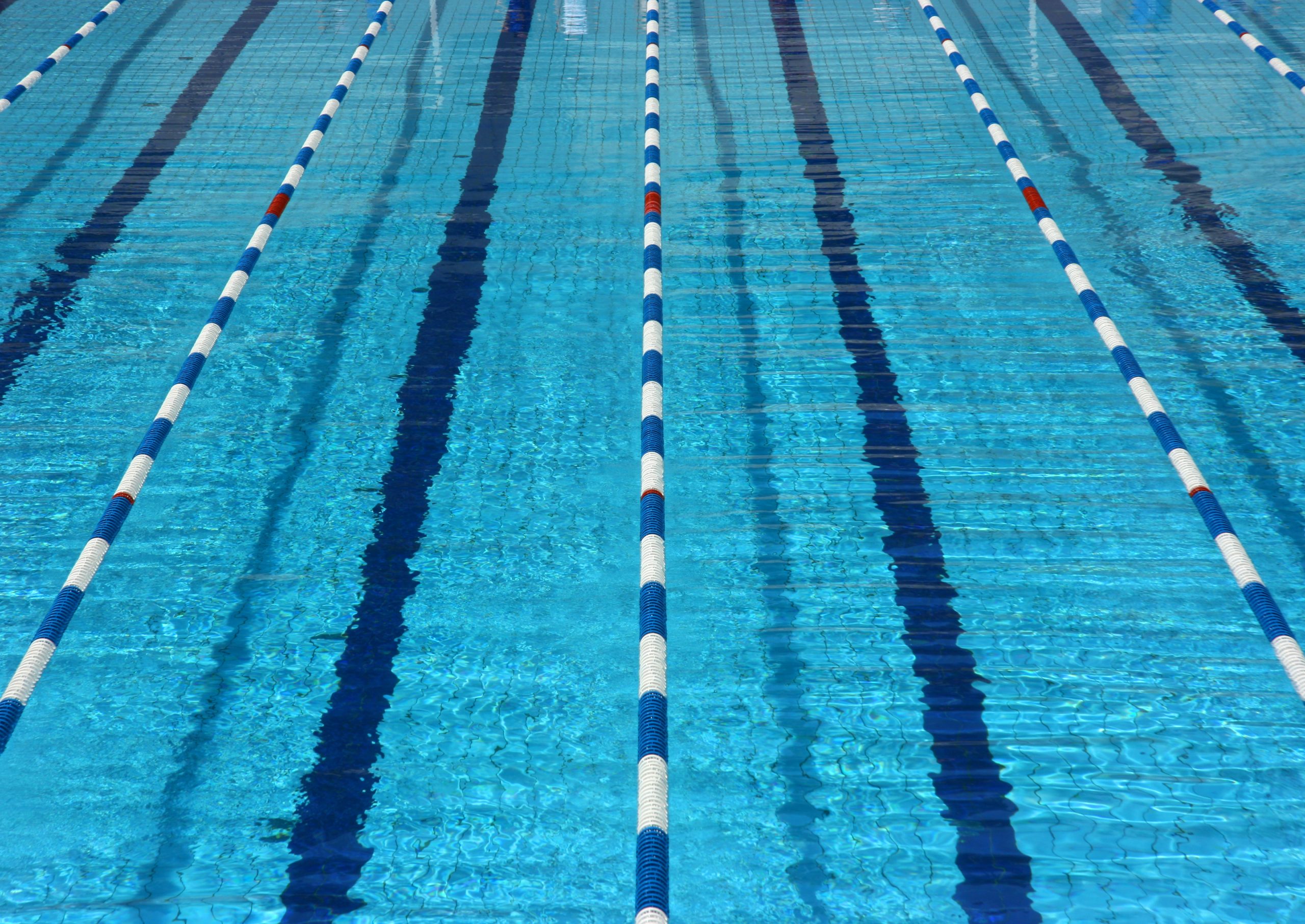 Closeup of an indoor pool with lane lines.