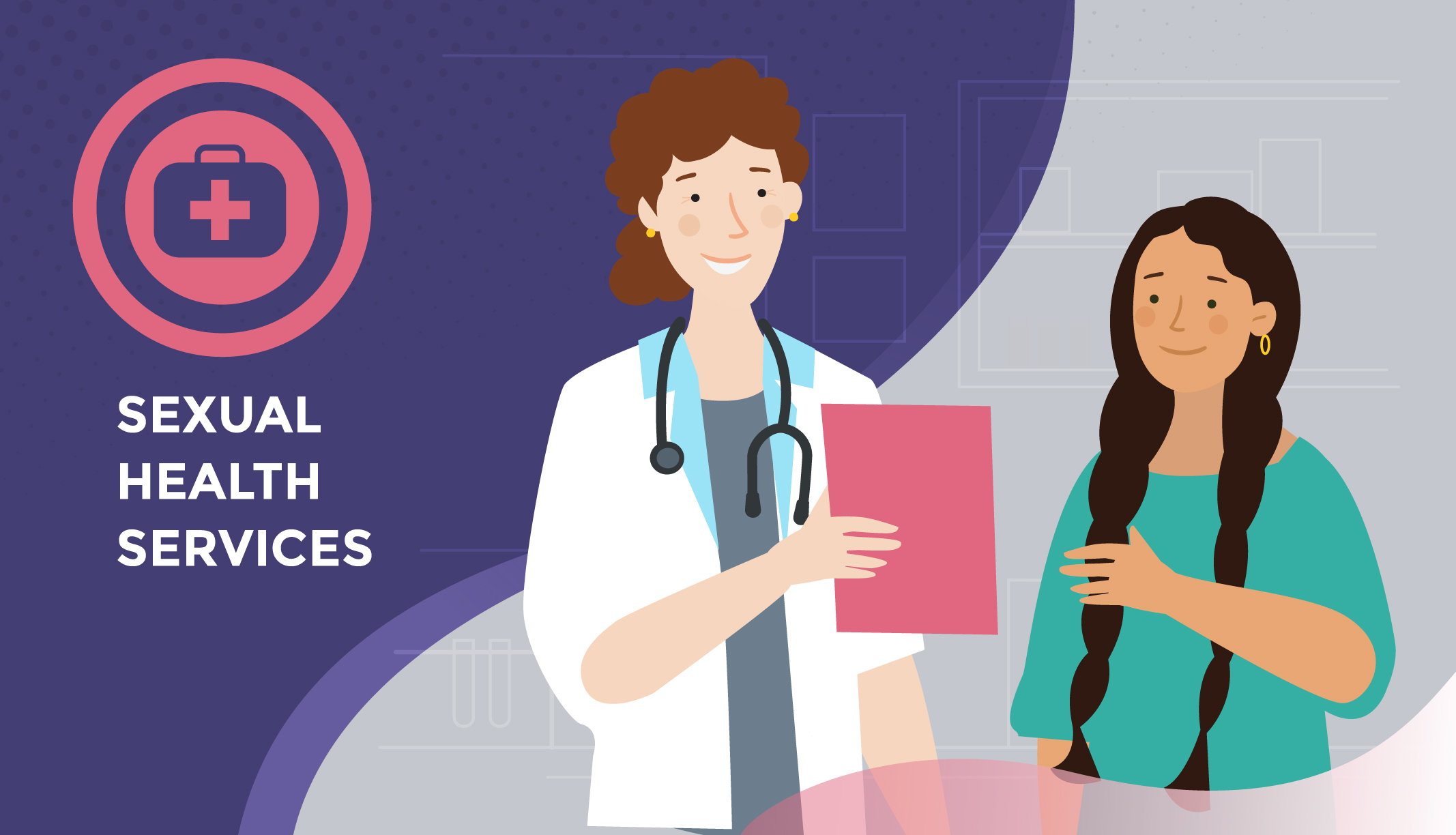 Doctor, with female patient, next to text that says, "Sexual Health Services."