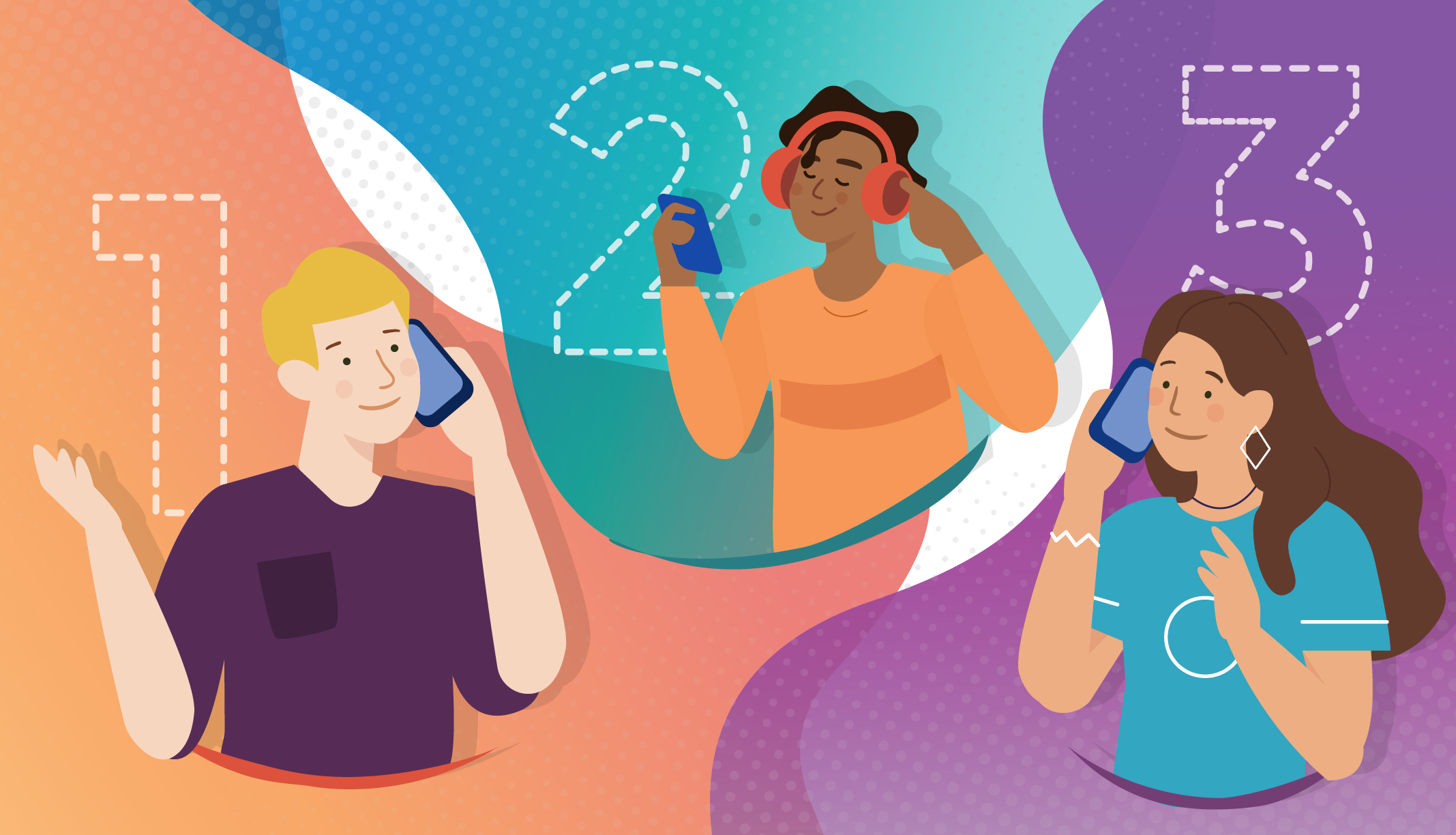 Three people on phones connecting with one another.