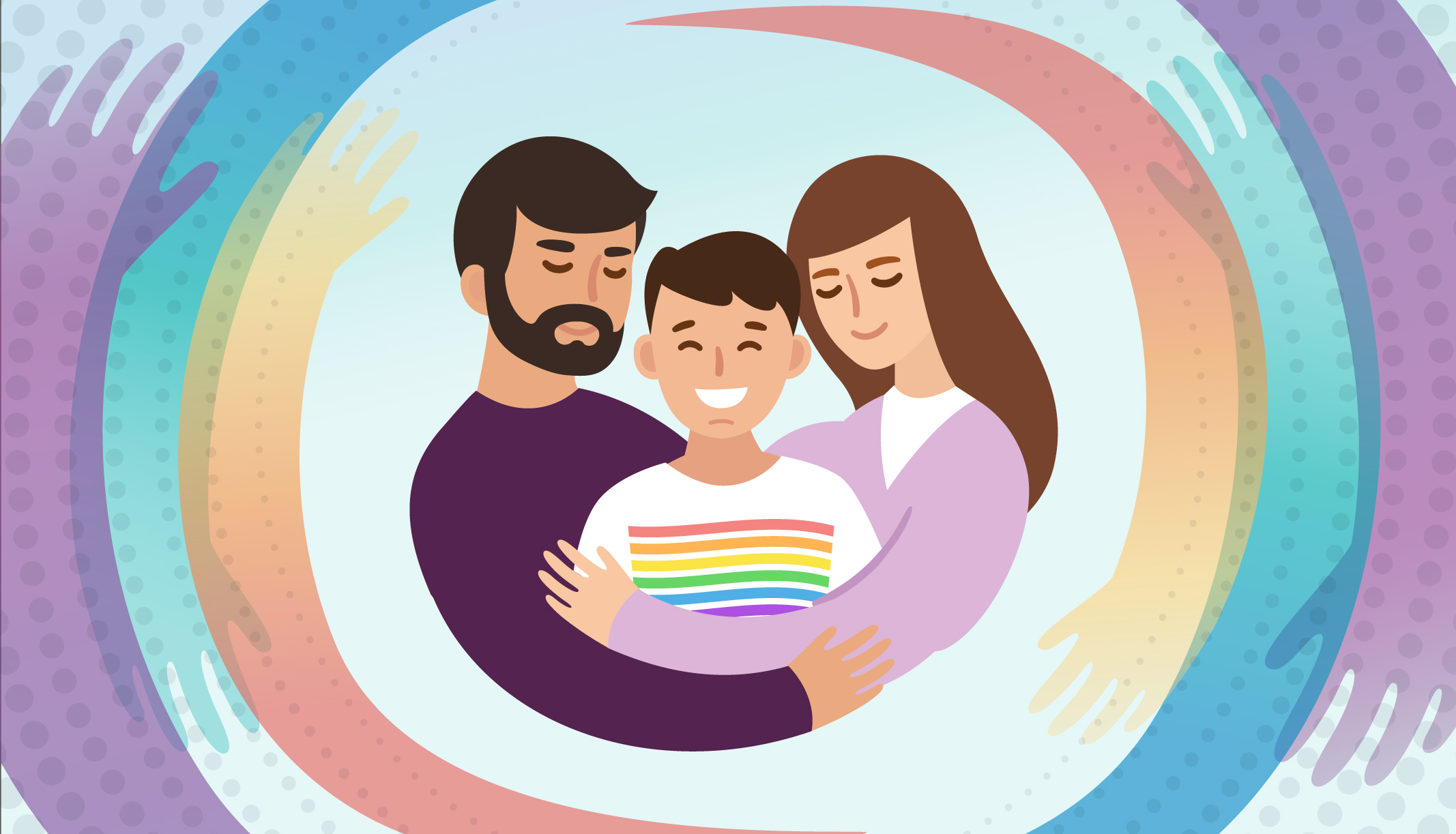 Parents hugging a teenager who has a rainbow pride flag on his T-shirt.