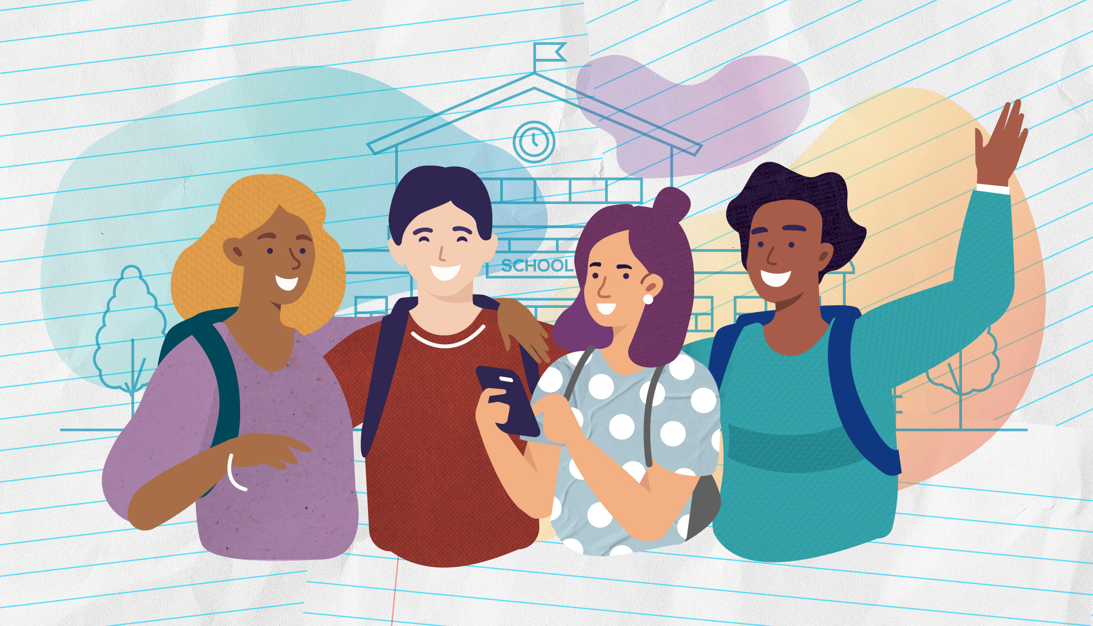Four teens with their arms around one another.