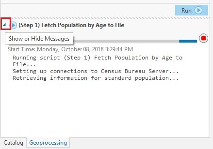 Step 1 Fetch Population by Age to File showing a screenshot of the script running.