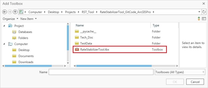 Workspace location with RateStabilizerTool.tbx chosen.