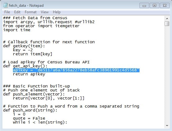 Fetch data window with the api key highlighted.