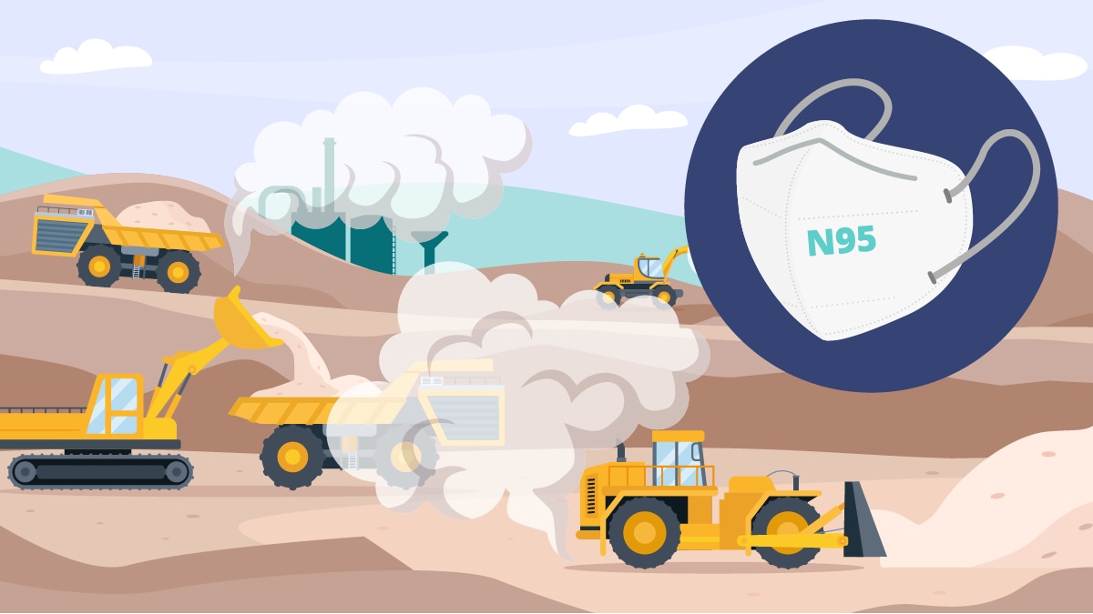 illustration of construction site with N95 mask