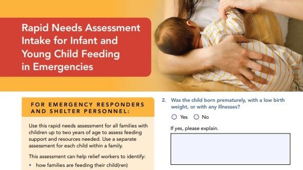 A mother breastfeeding her infant with text about the Rapid Needs Assessment.