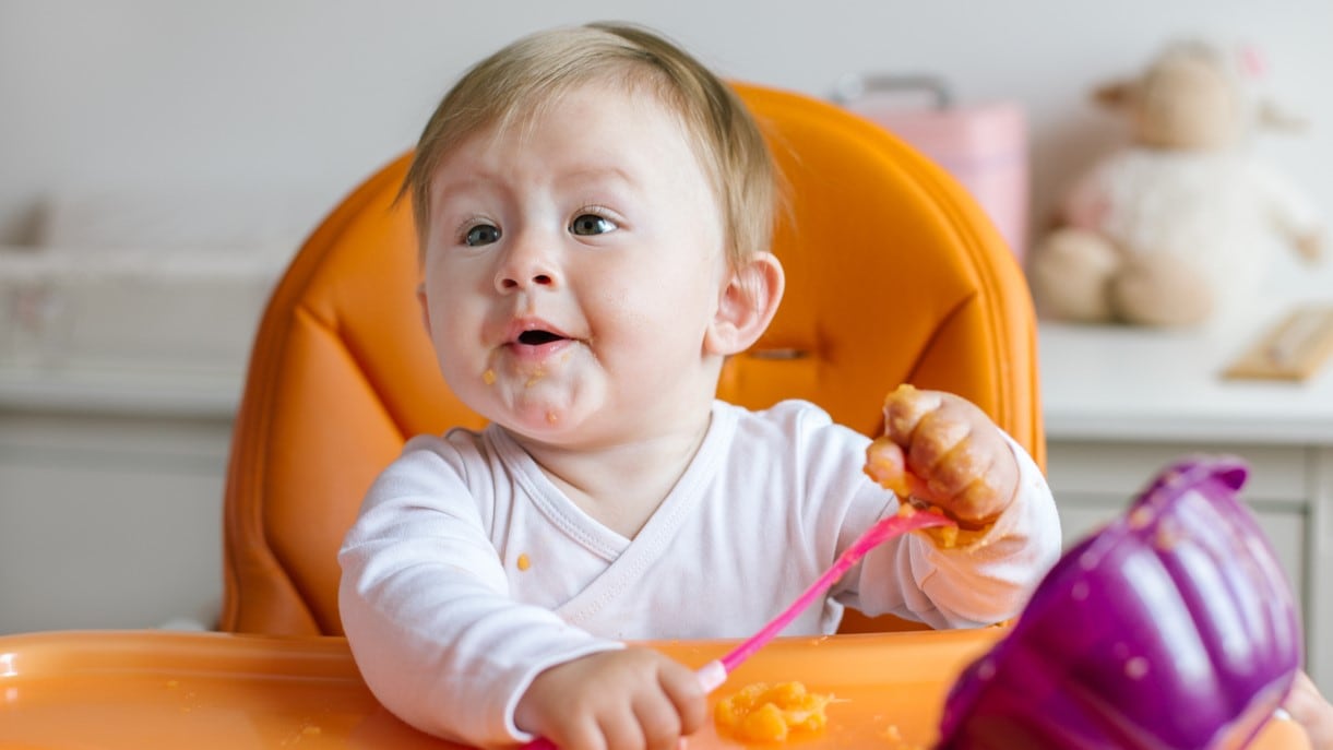 Young baby eating pureed food with hands sitting in highchair.